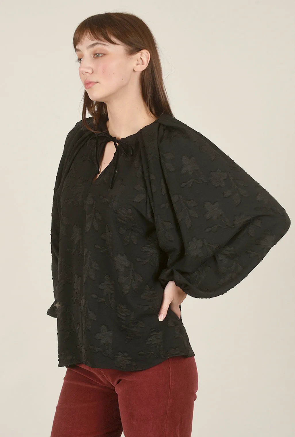 Pleated Shoulder Jacquard Blouse, Black