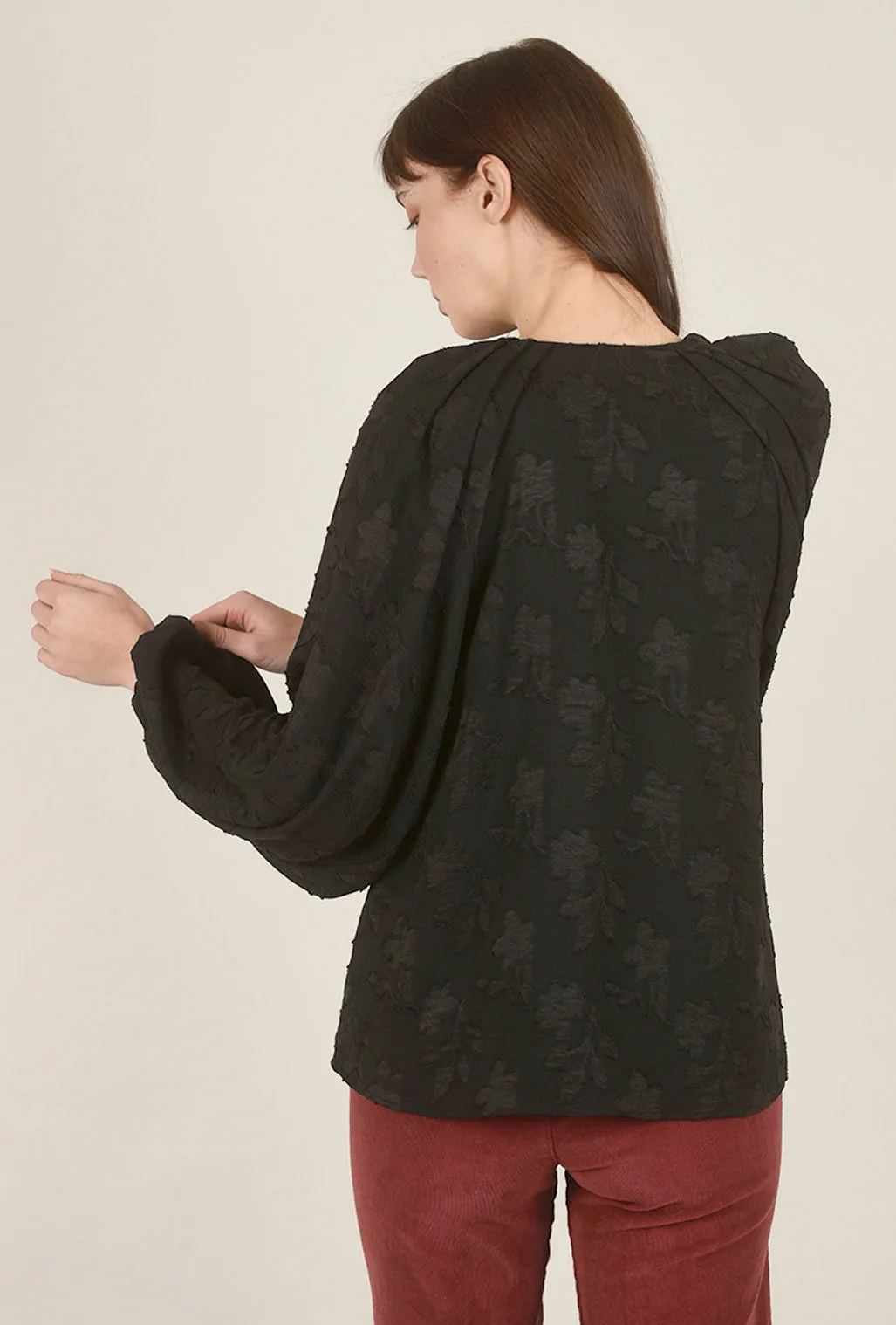 Pleated Shoulder Jacquard Blouse, Black