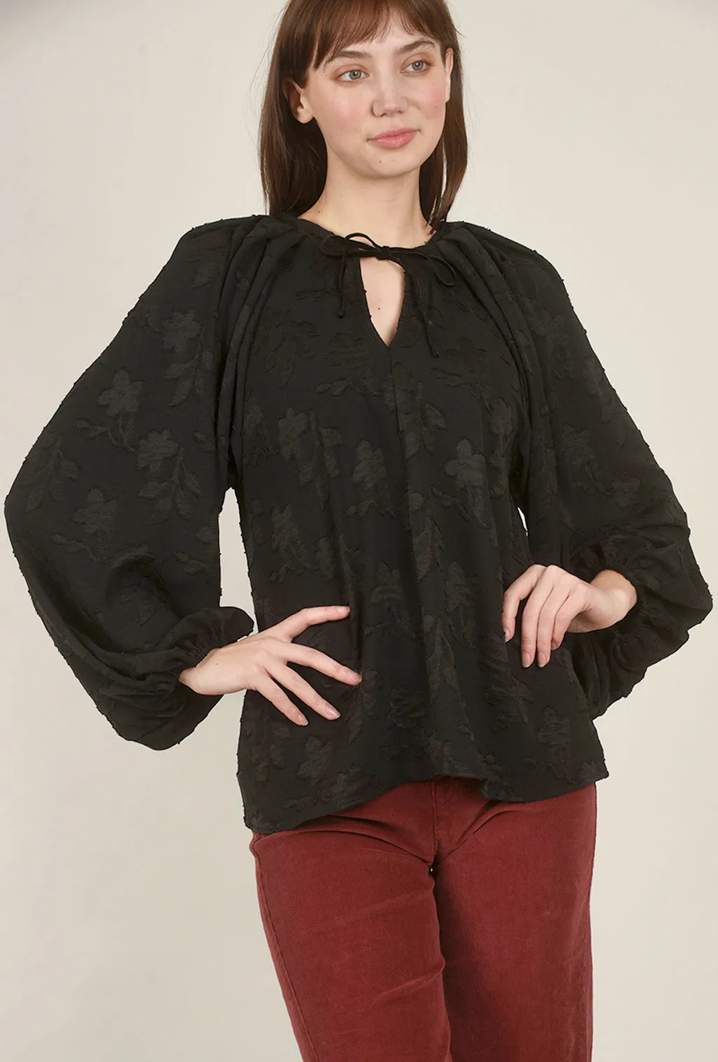 Pleated Shoulder Jacquard Blouse, Black