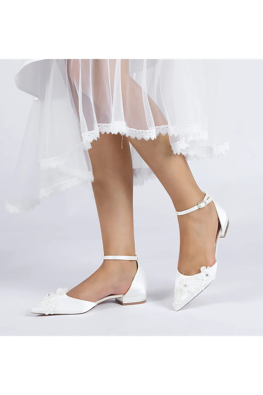 Pointed Toe White Ankle Strap Low Heels with Lace