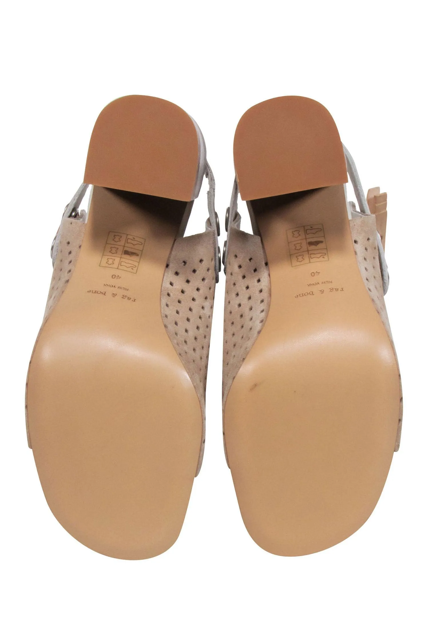 Rag & Bone - Beige Laser Cut Print Suede Open Toe Block Heels Sz 10