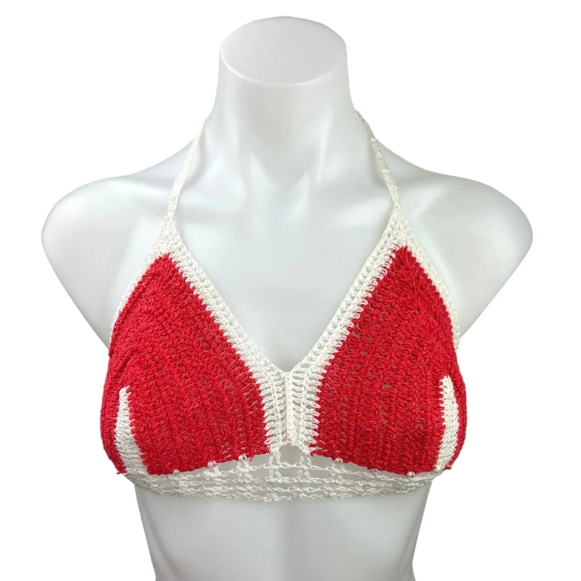 Red White Handmade Crochet Knitted Halter Tie Back Bikini Bralette Bra Top Sz S