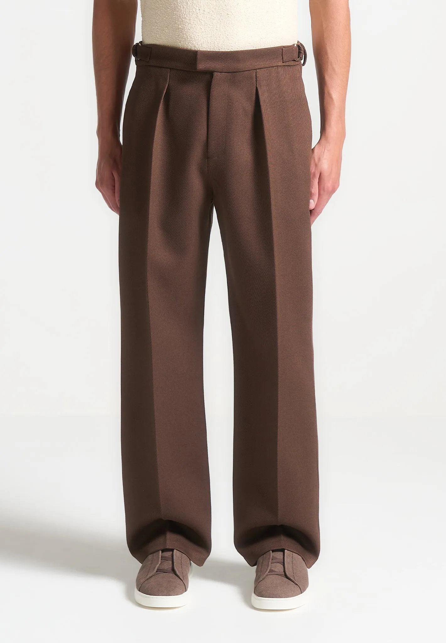 Relaxed Fit Twill Pleated Tailored Trousers - Brown