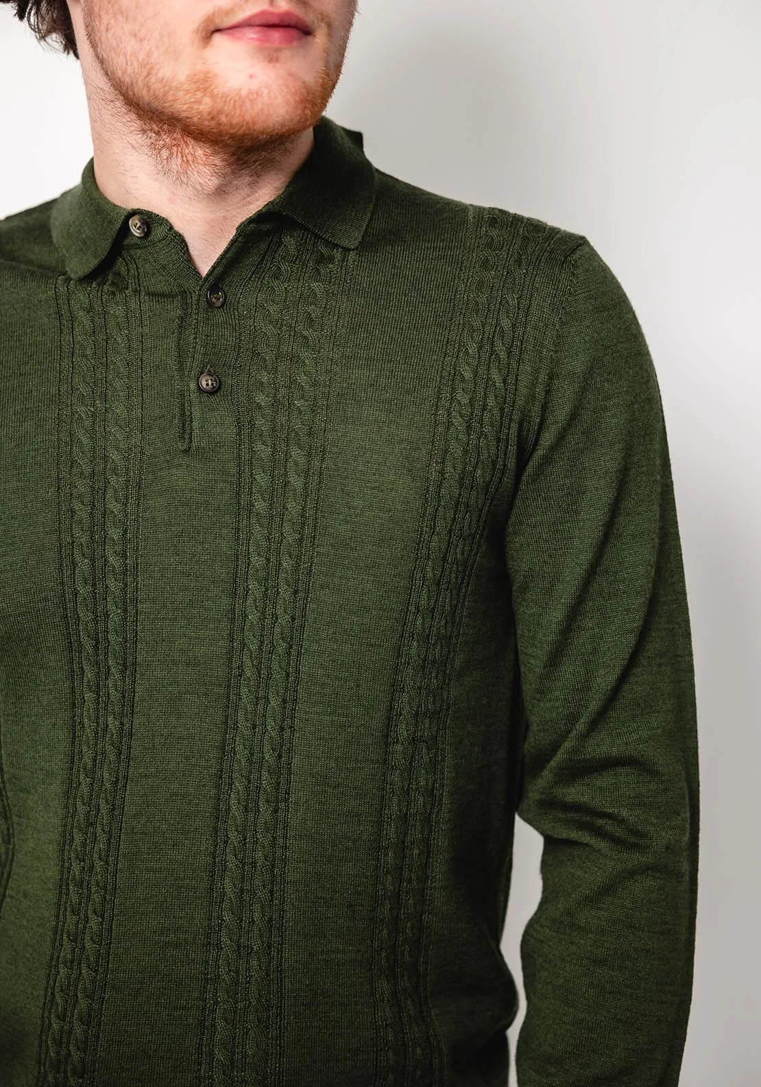 Remus Uomo Slim Fit Merino Long Sleeve Knitted Polo Shirt, Green