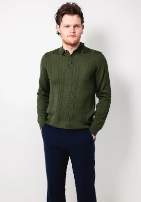 Remus Uomo Slim Fit Merino Long Sleeve Knitted Polo Shirt, Green