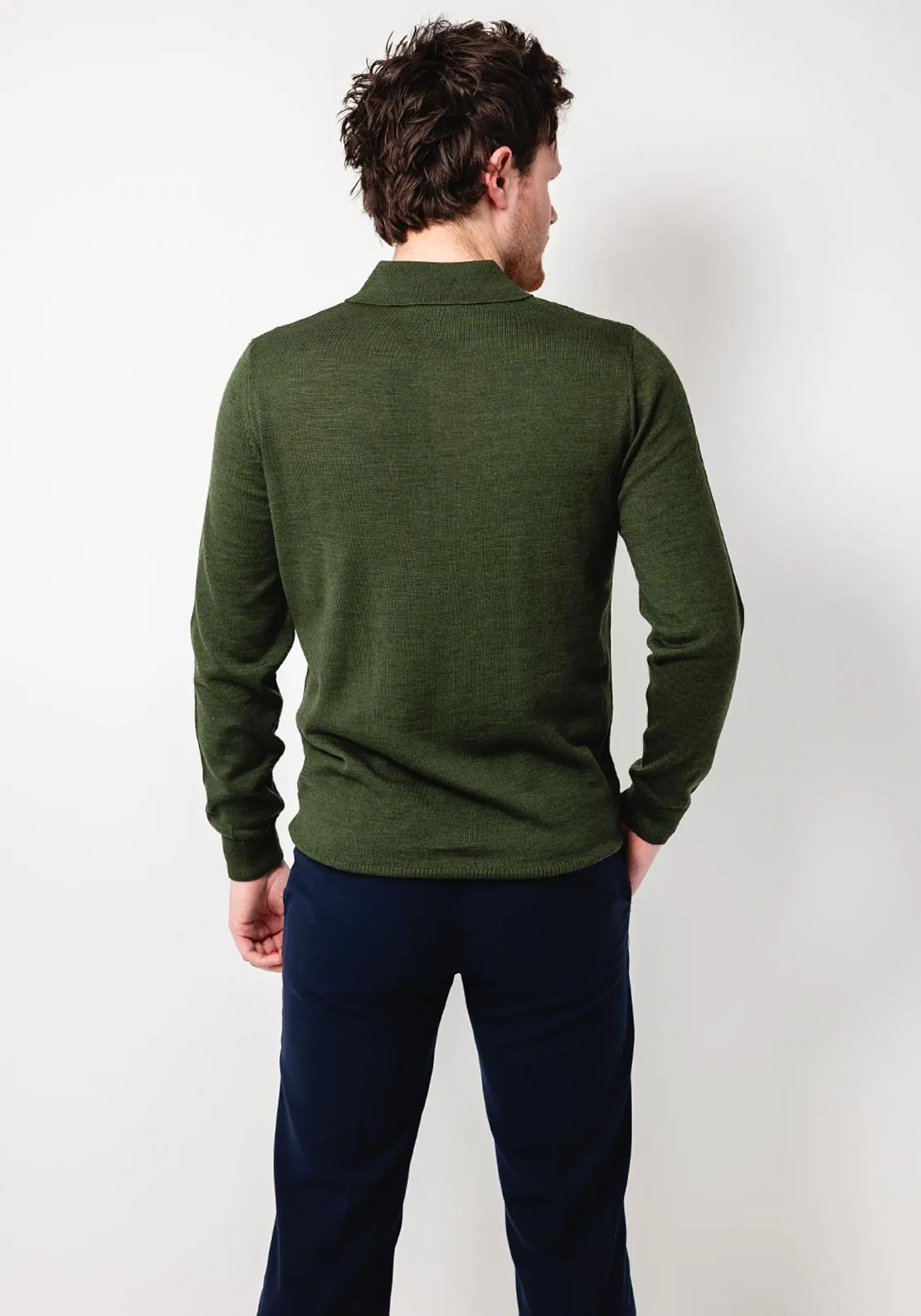 Remus Uomo Slim Fit Merino Long Sleeve Knitted Polo Shirt, Green