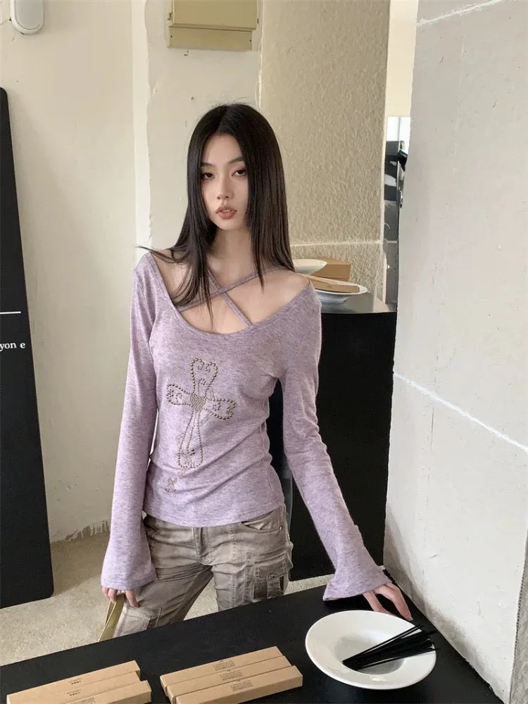 Retro Hot Girl Halter Neck Right Shoulder Long Sleeve T-Shirt Women's 2024 Spring New Style Design Niche Slim Bottoming Top