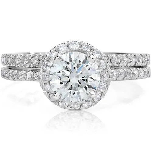 Round Diamond Engagement Ring Set with Halo in 14K White Gold - 1.17ct