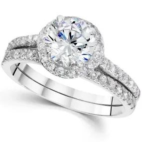 Round Diamond Engagement Ring Set with Halo in 14K White Gold - 1.17ct