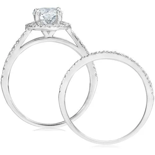 Round Diamond Engagement Ring Set with Halo in 14K White Gold - 1.17ct