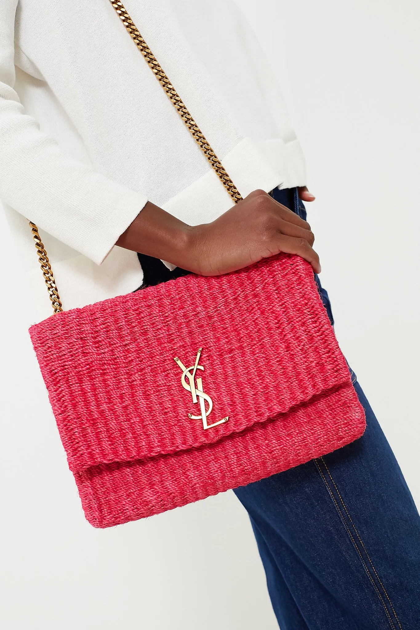 Saint Laurent Pink Glow Raffia Kate Shoulder Bag