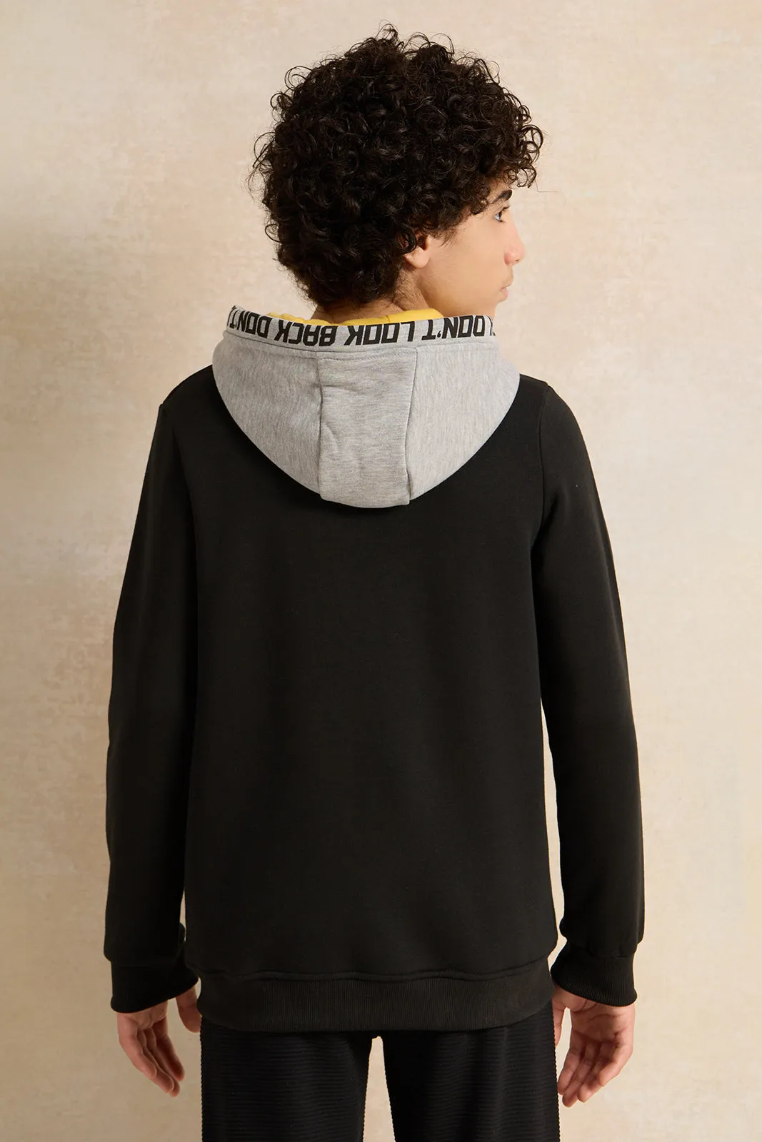 Senior Boys Black Printed Hooded Sweatshirt