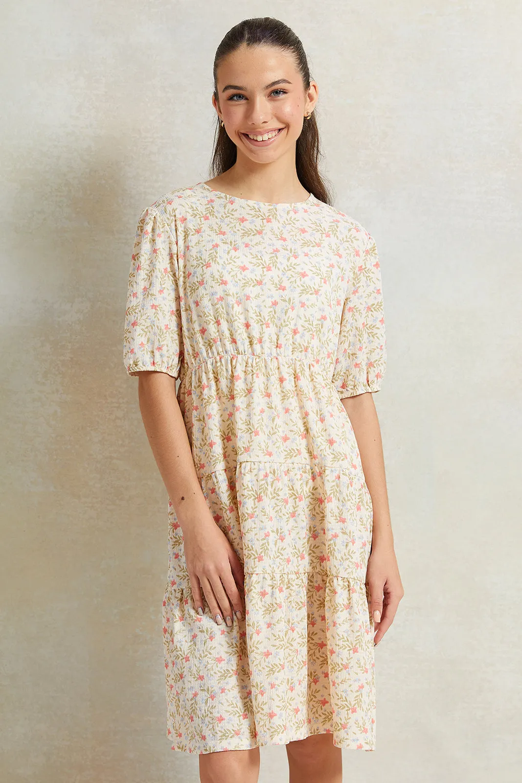 Senior Girls Cream Floral Printed Dress