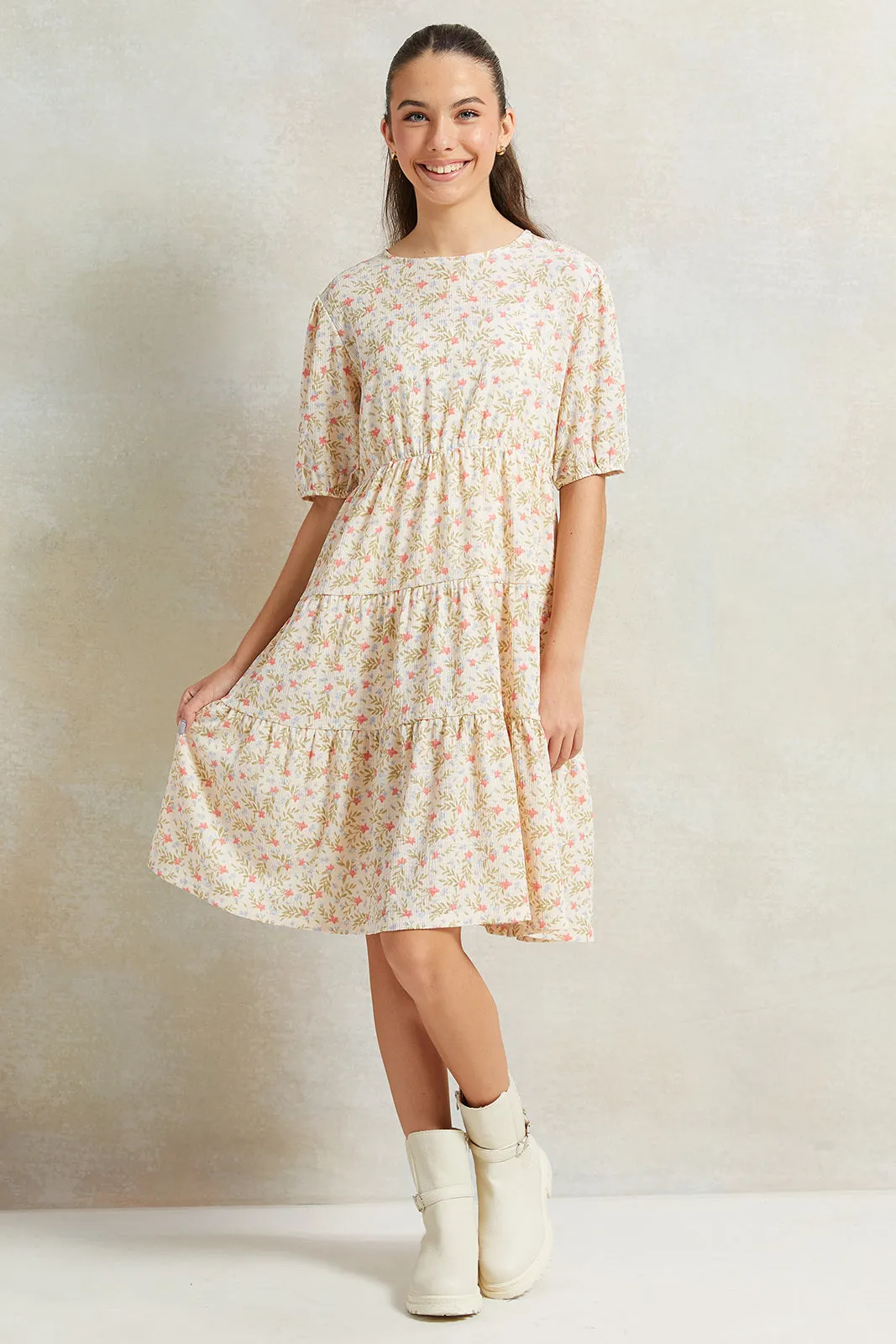 Senior Girls Cream Floral Printed Dress