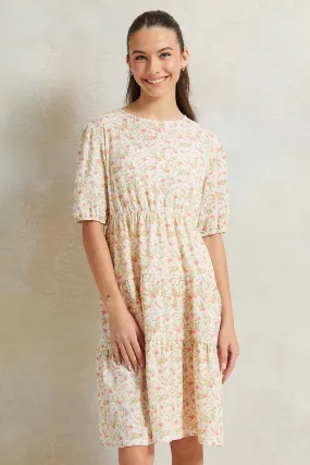 Senior Girls Cream Floral Printed Dress