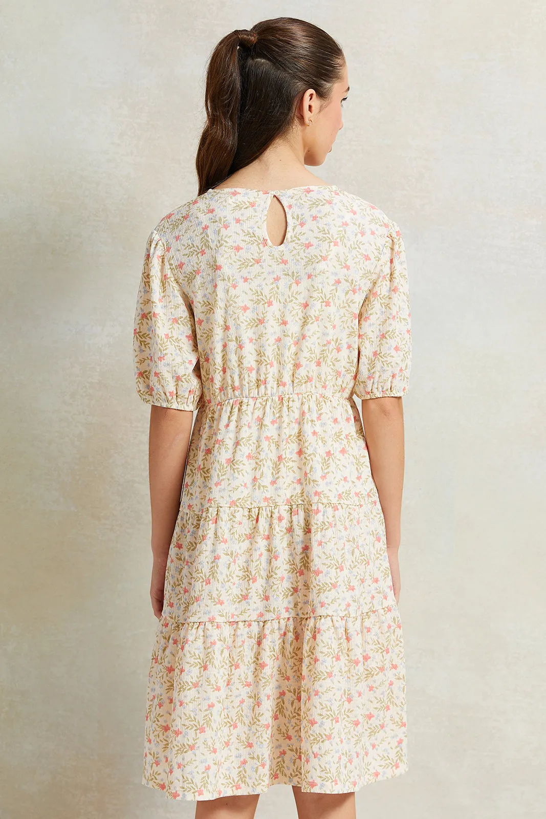 Senior Girls Cream Floral Printed Dress