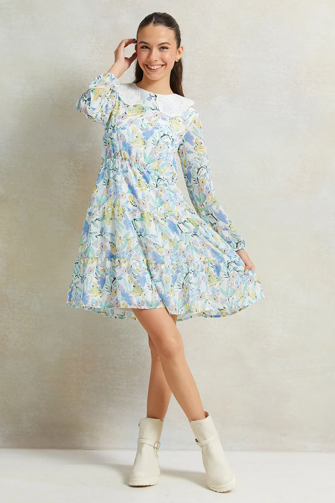 Senior Girls White Floral Printed Dress