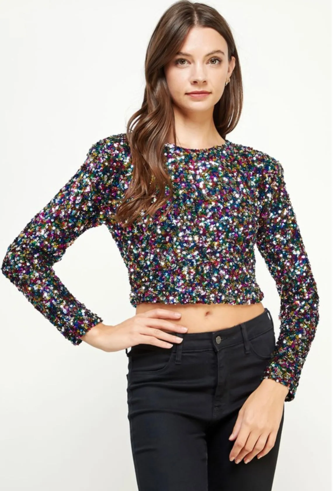 Shoulder Pad Sequin Cropped Top