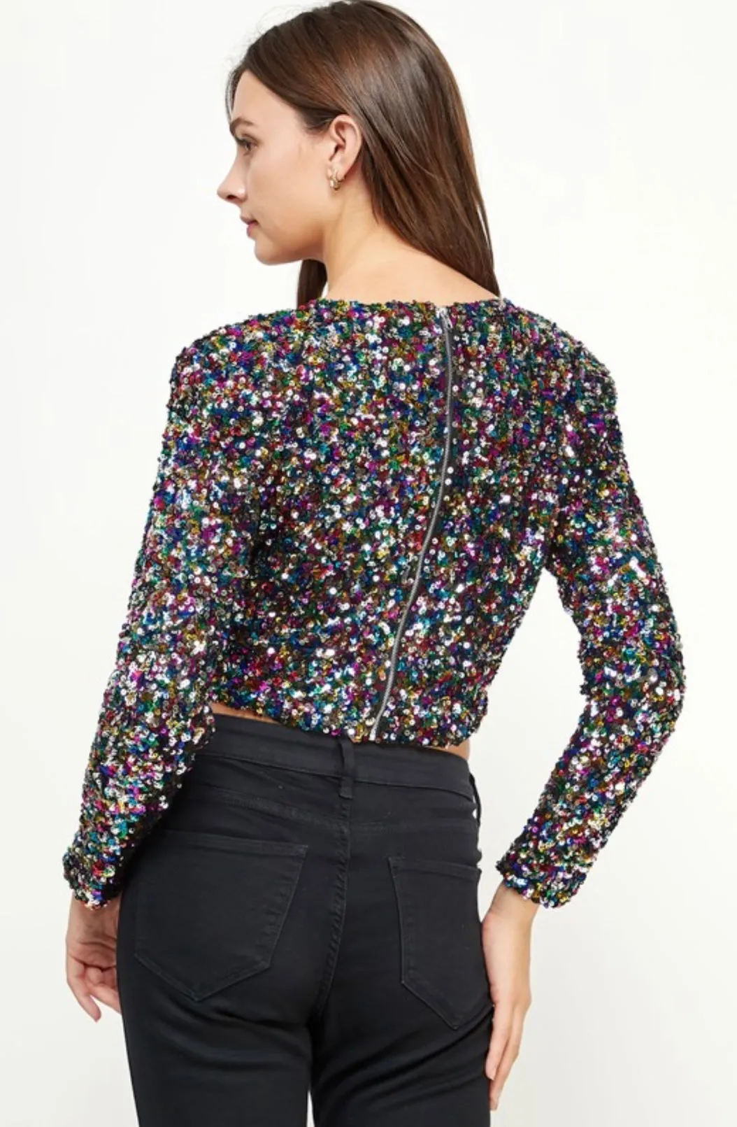 Shoulder Pad Sequin Cropped Top