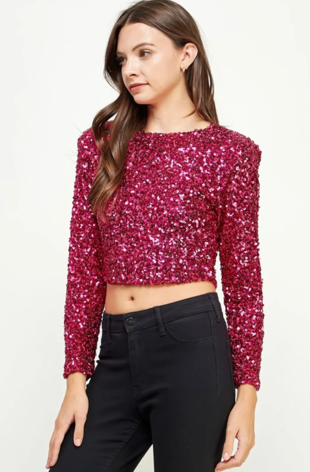 Shoulder Pad Sequin Cropped Top