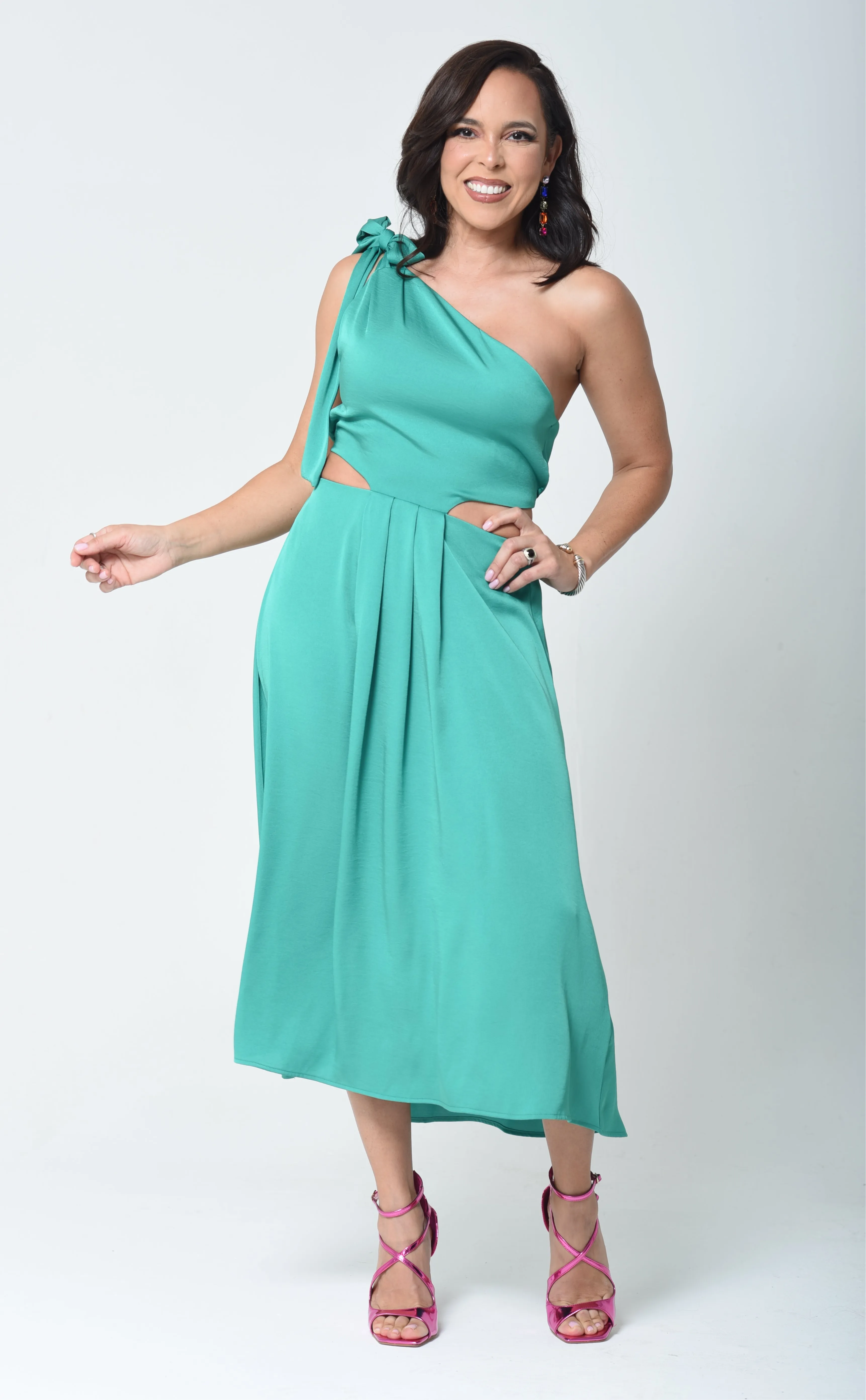 Silk One Shoulder Cut Out Midi Dress