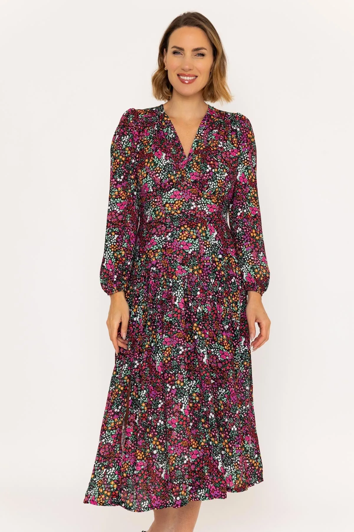 Siobhan Long Sleeve Black Print Midi Dress