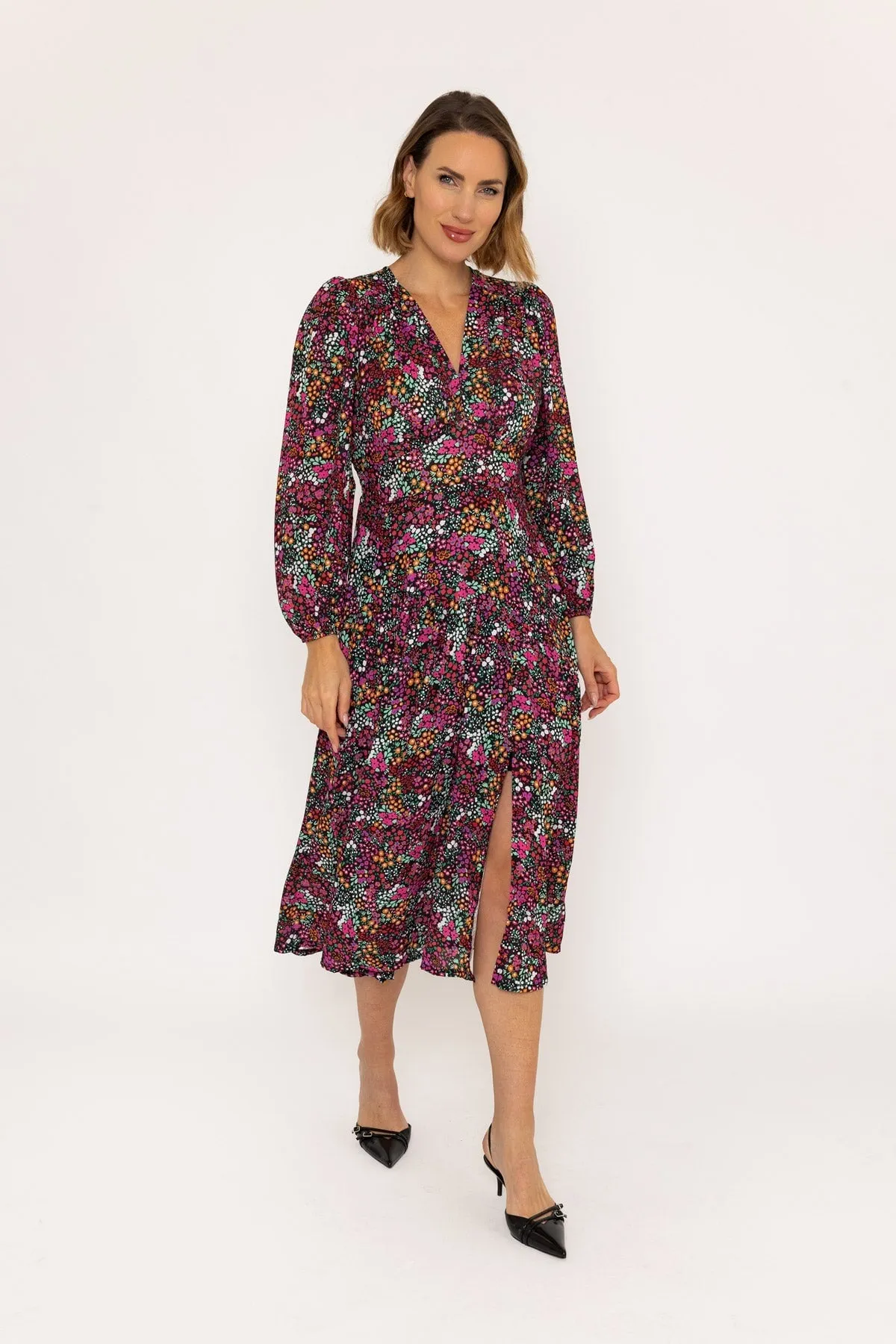 Siobhan Long Sleeve Black Print Midi Dress