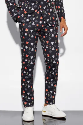 Skinny Fit Christmas Print Suit Trousers