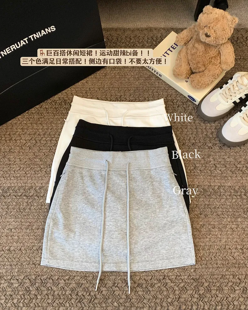 Small gray sports casual drawstring short skirt half skirt sweater skirt female summer high waist hot girl niche hip skirt