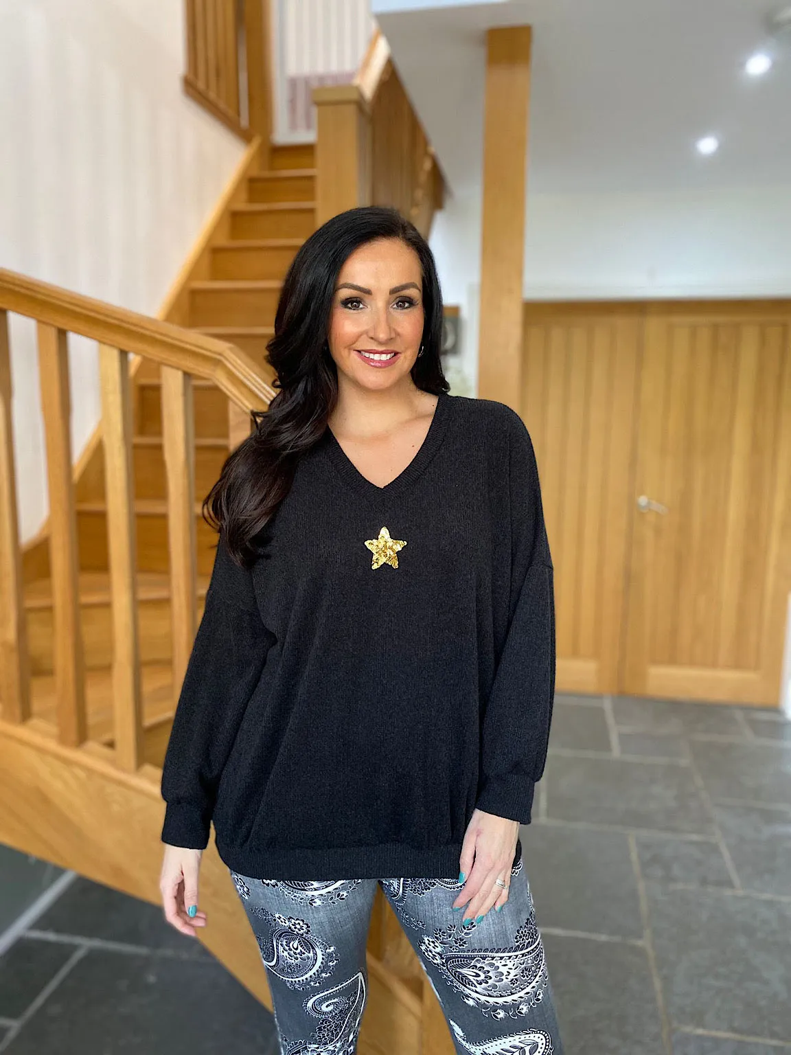 Sparkly Black Star Knit Sweater