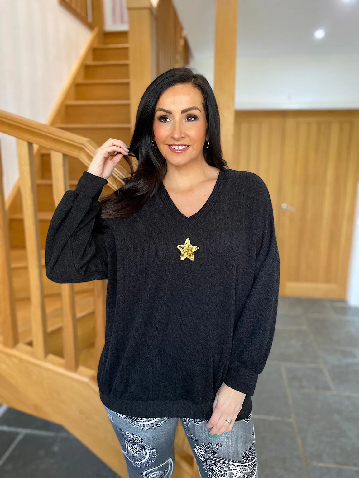 Sparkly Black Star Knit Sweater