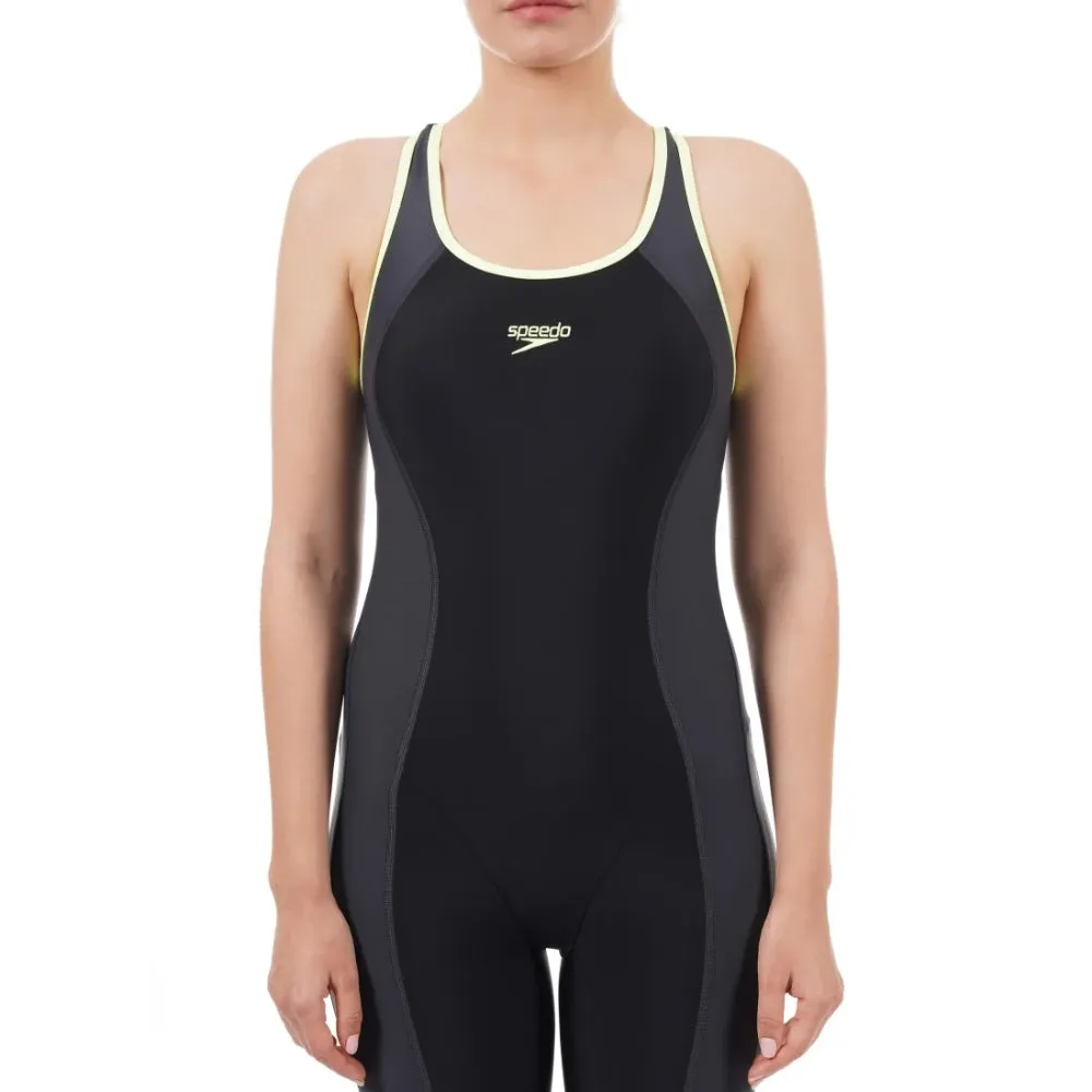 Speedo Women's Essential Splice Legsuit Black Oxid Grey Bright Zest.