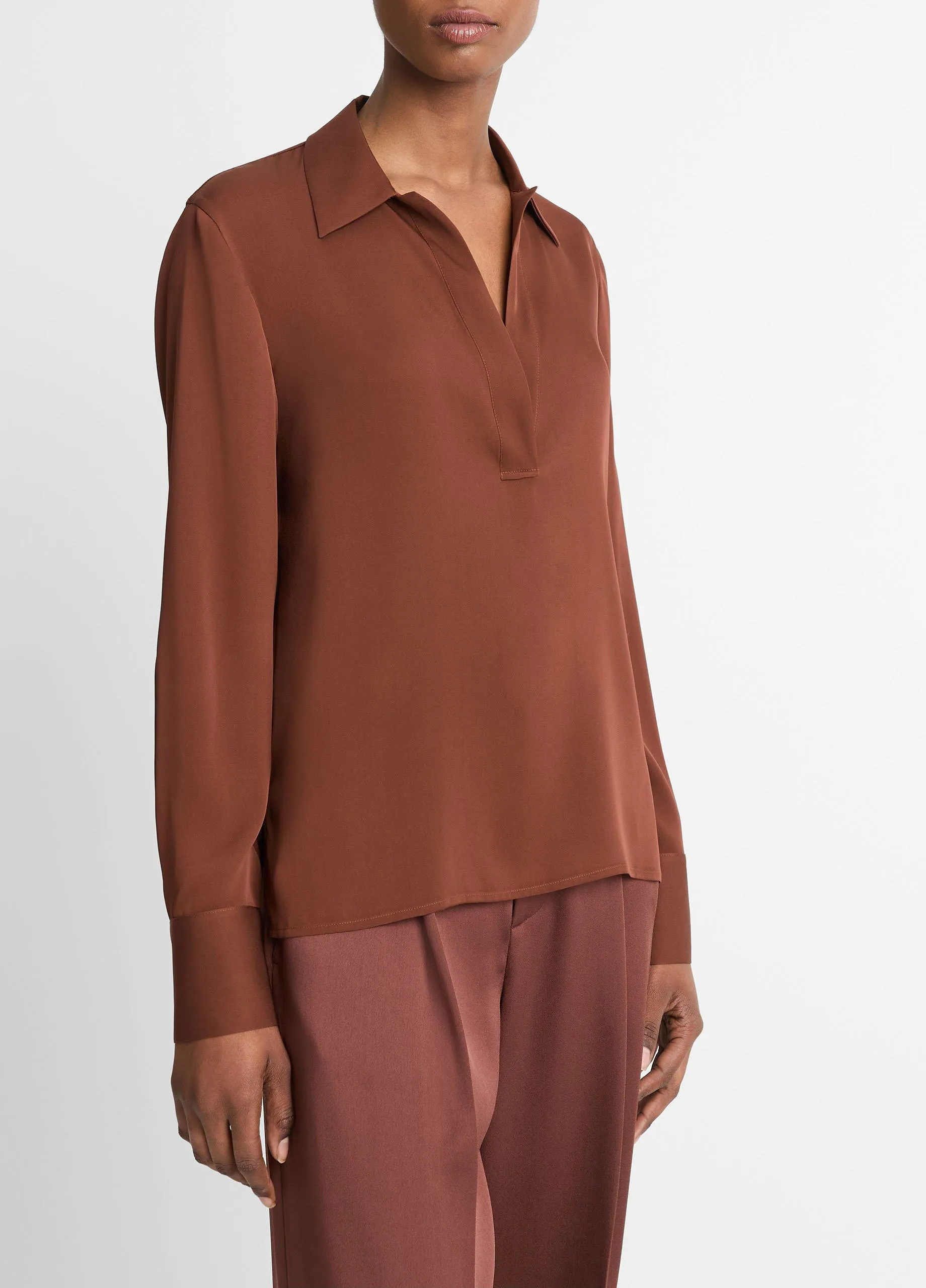 Stretch-Silk Long-Sleeve Polo Blouse