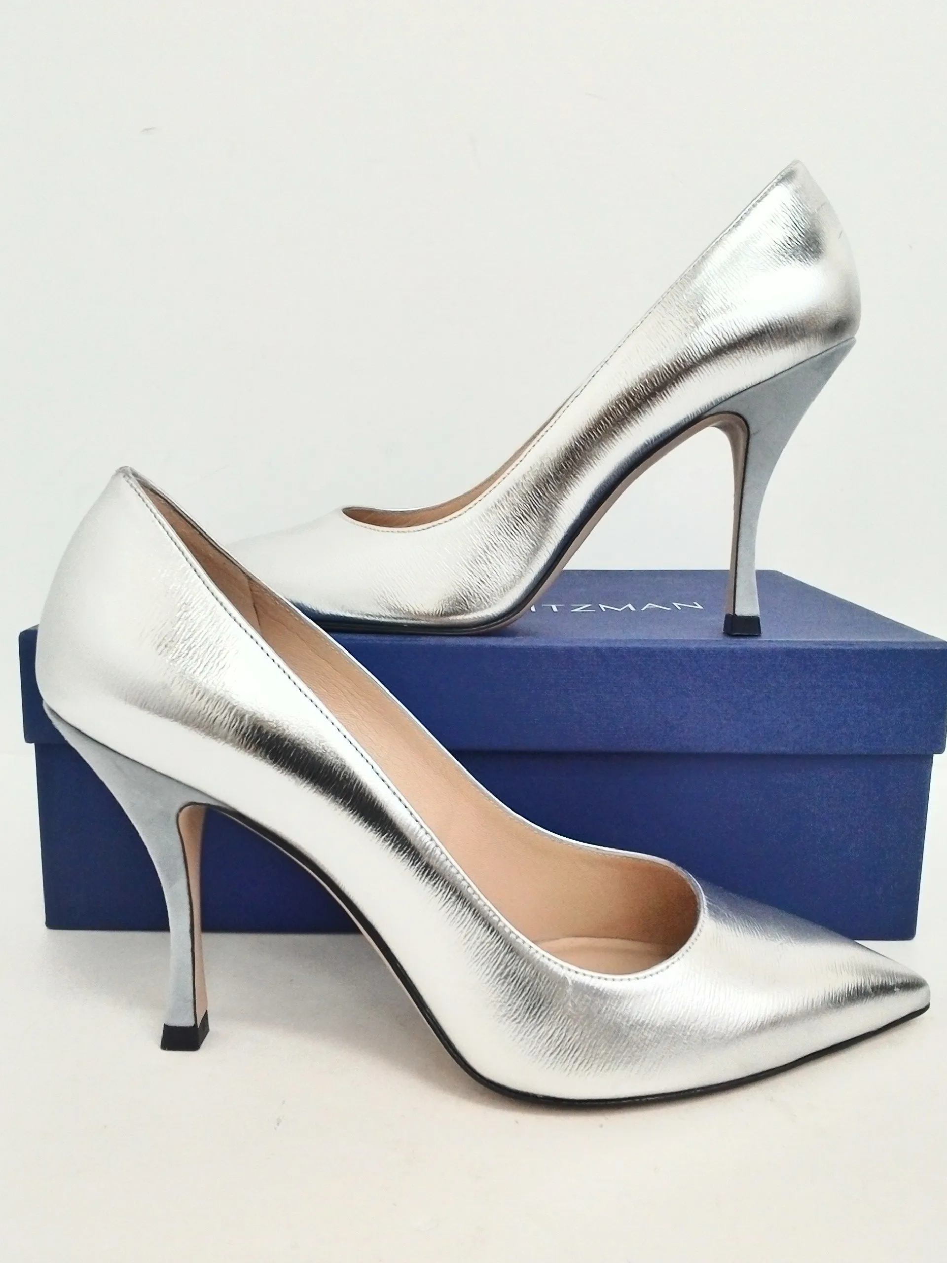 Stuart Weitzman Women's Nudistsong Pewter Glass Heels Size 8.5