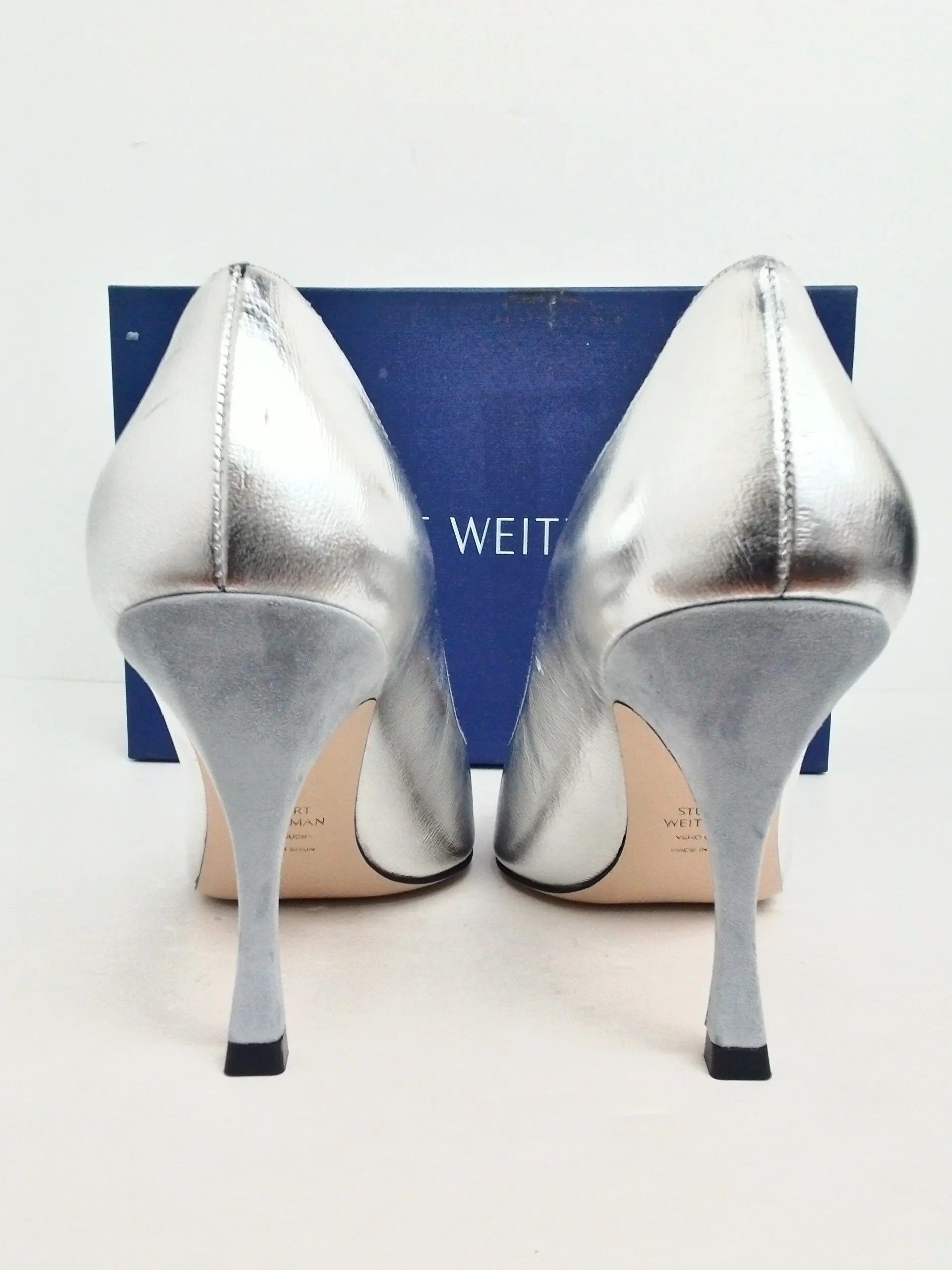 Stuart Weitzman Women's Nudistsong Pewter Glass Heels Size 8.5