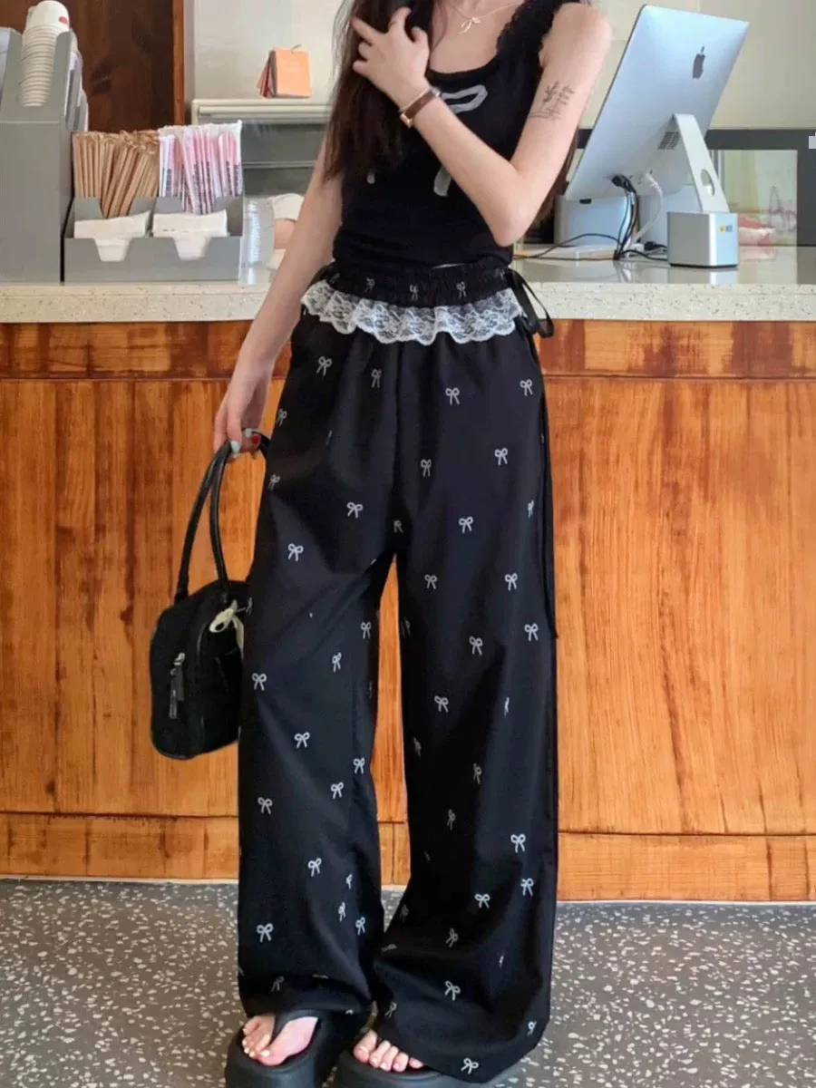 Sweet hot girl lace stitching casual pants bow pants women summer loose elastic waist wide leg pants straight pants