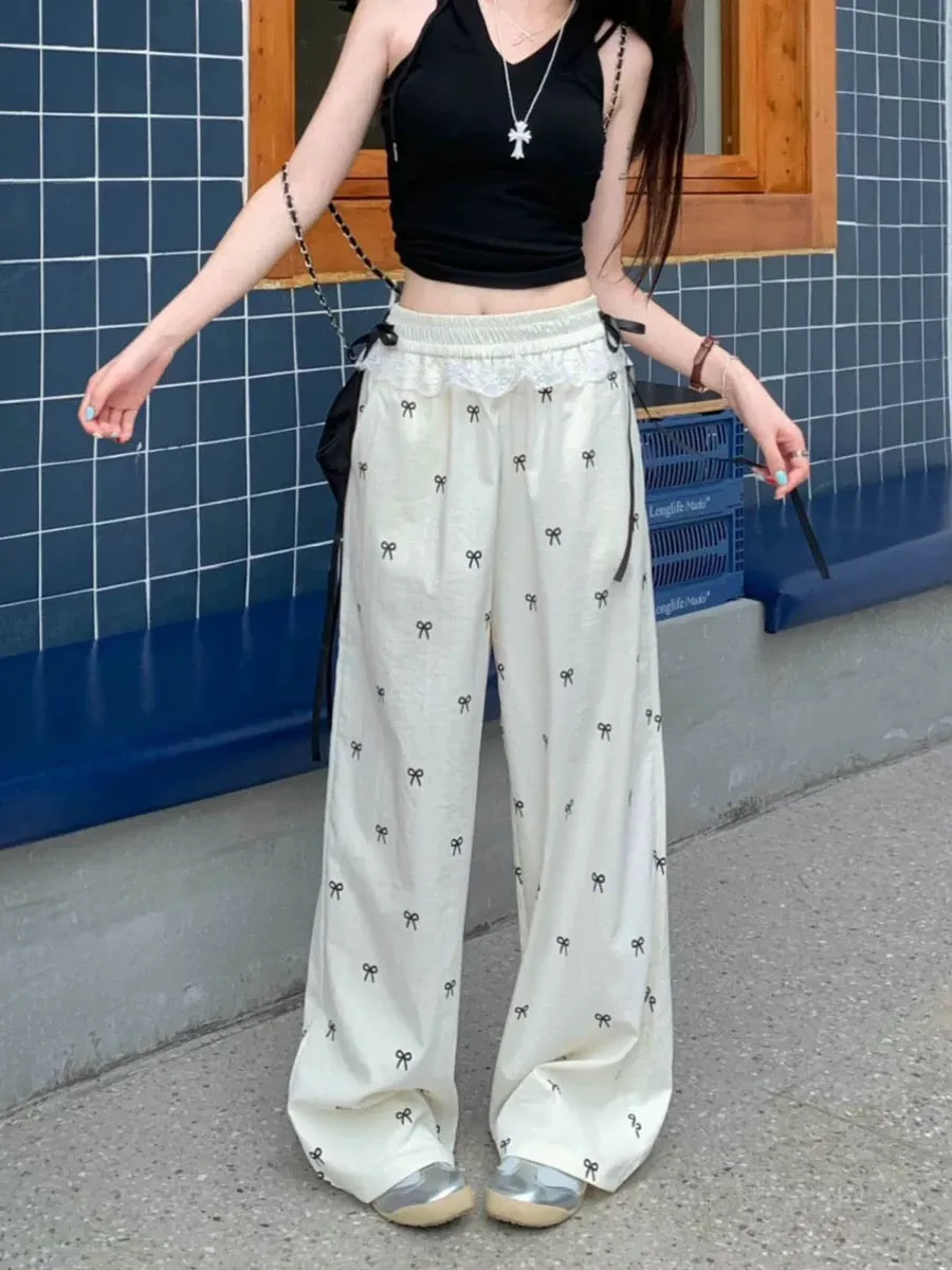 Sweet hot girl lace stitching casual pants bow pants women summer loose elastic waist wide leg pants straight pants