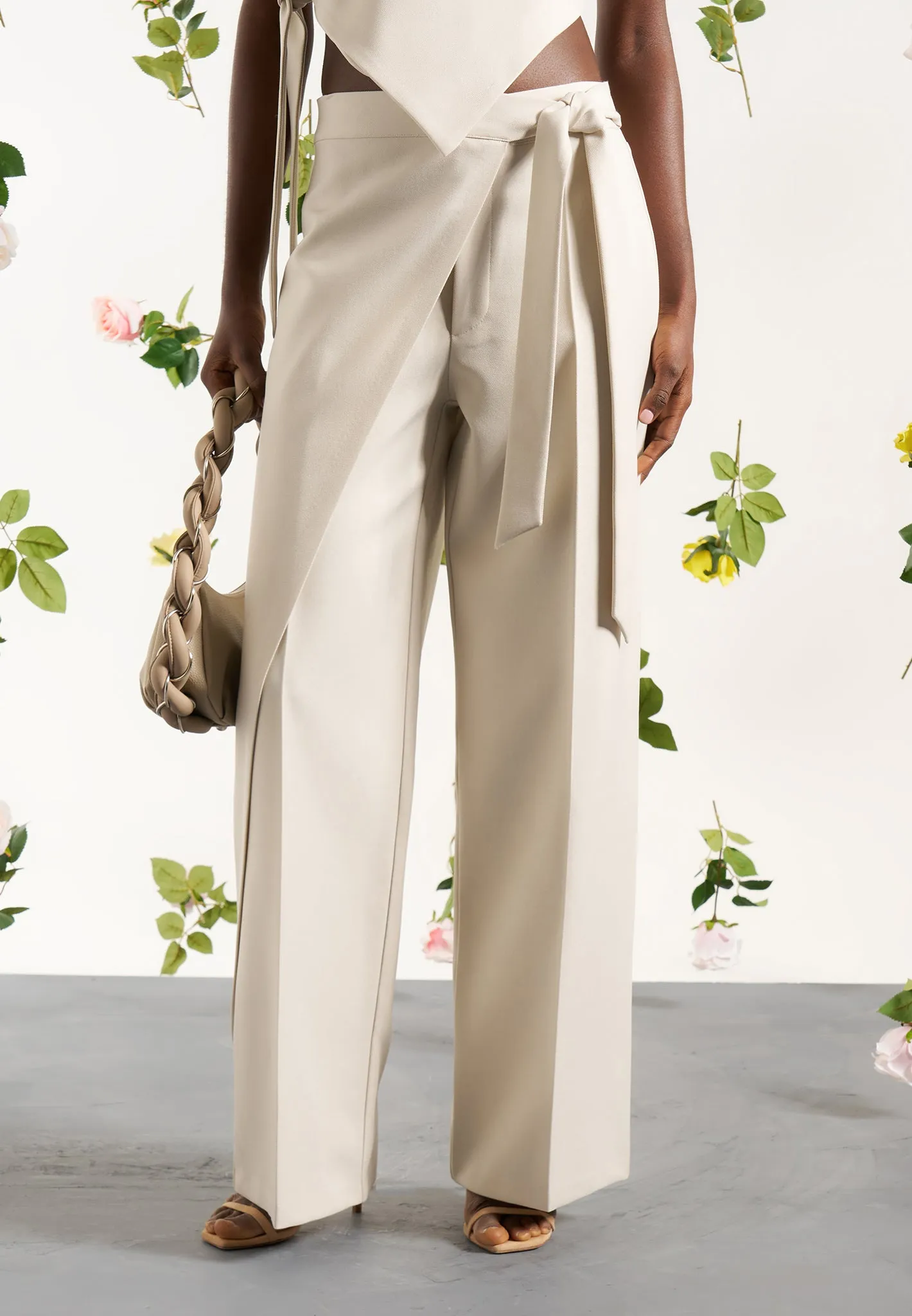 Tailored Wrap Trousers with Tie - Light Beige