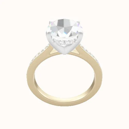 Tapered Channel Set Engagement Ring With V Prong with Hidden Halo Head