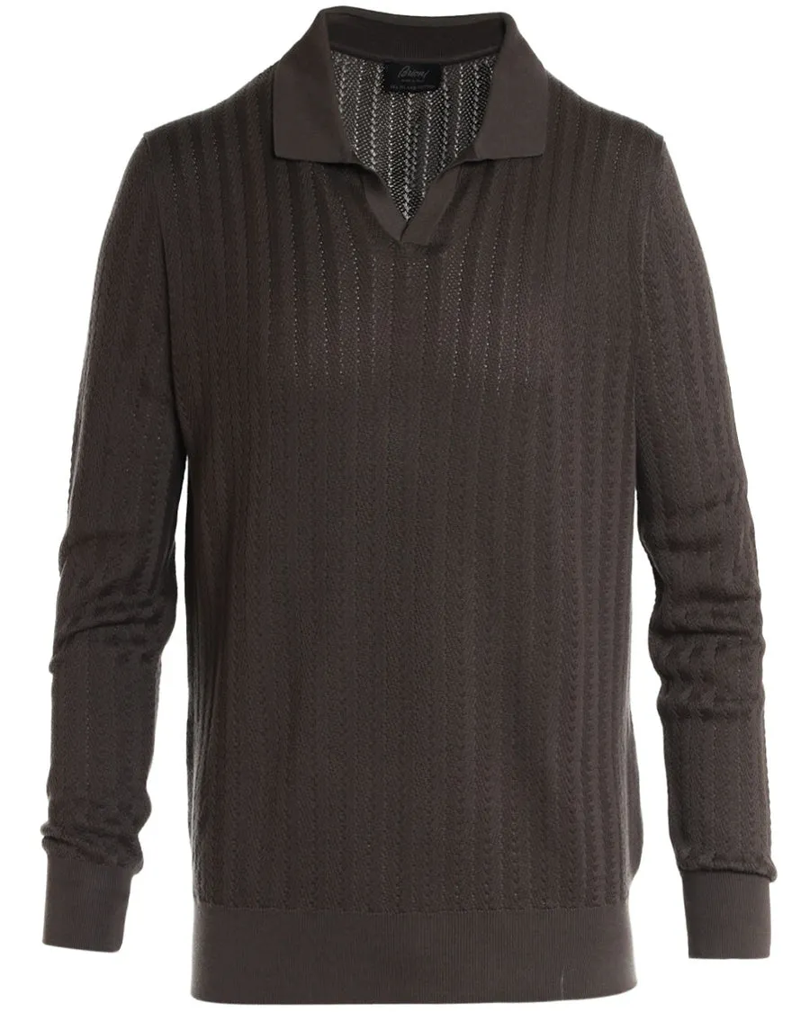 Taupe Sea Island Cotton Knit Long Sleeve Polo