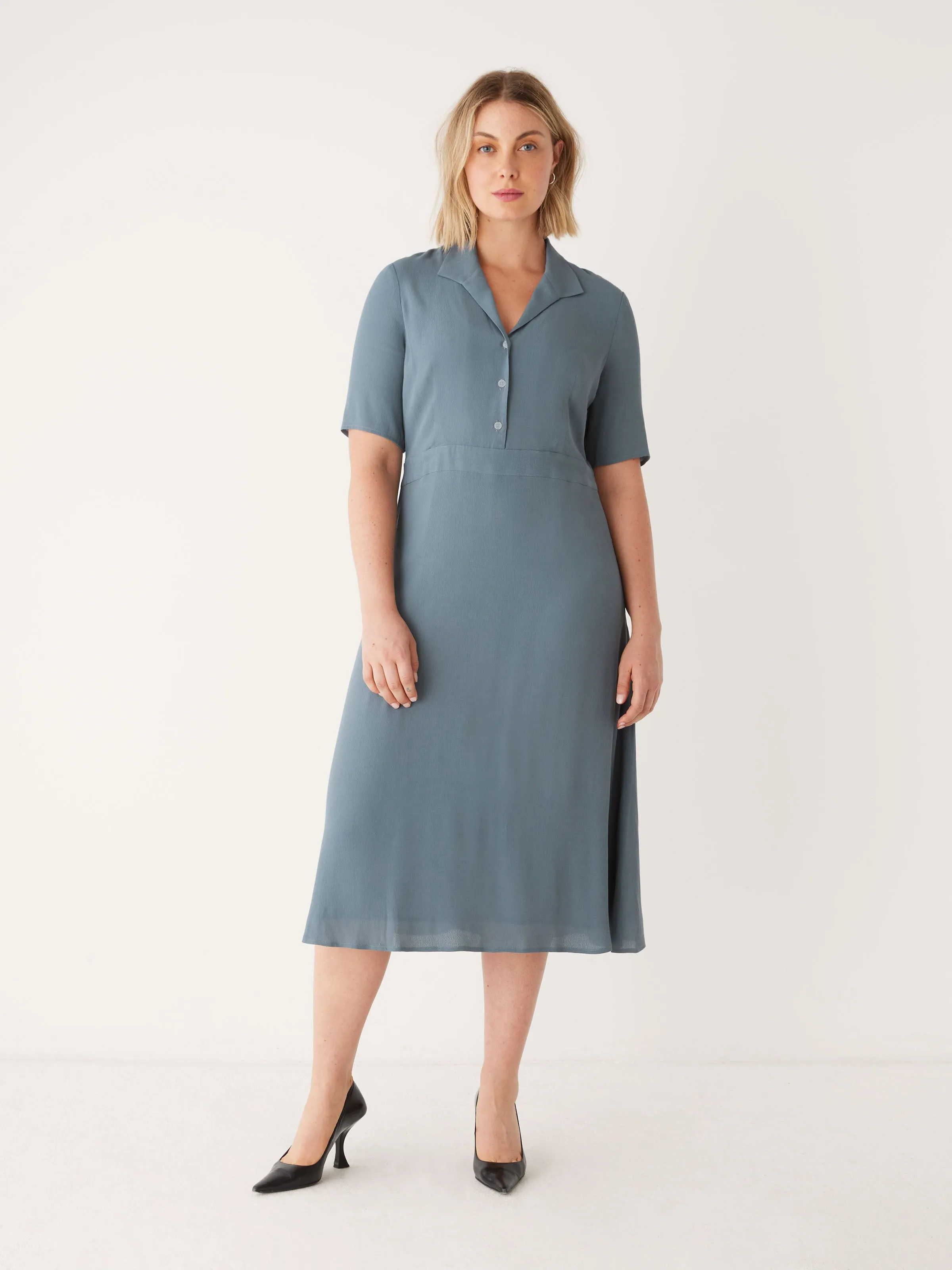 The Fluid Poet Collar Long Dress in Stormy Blue