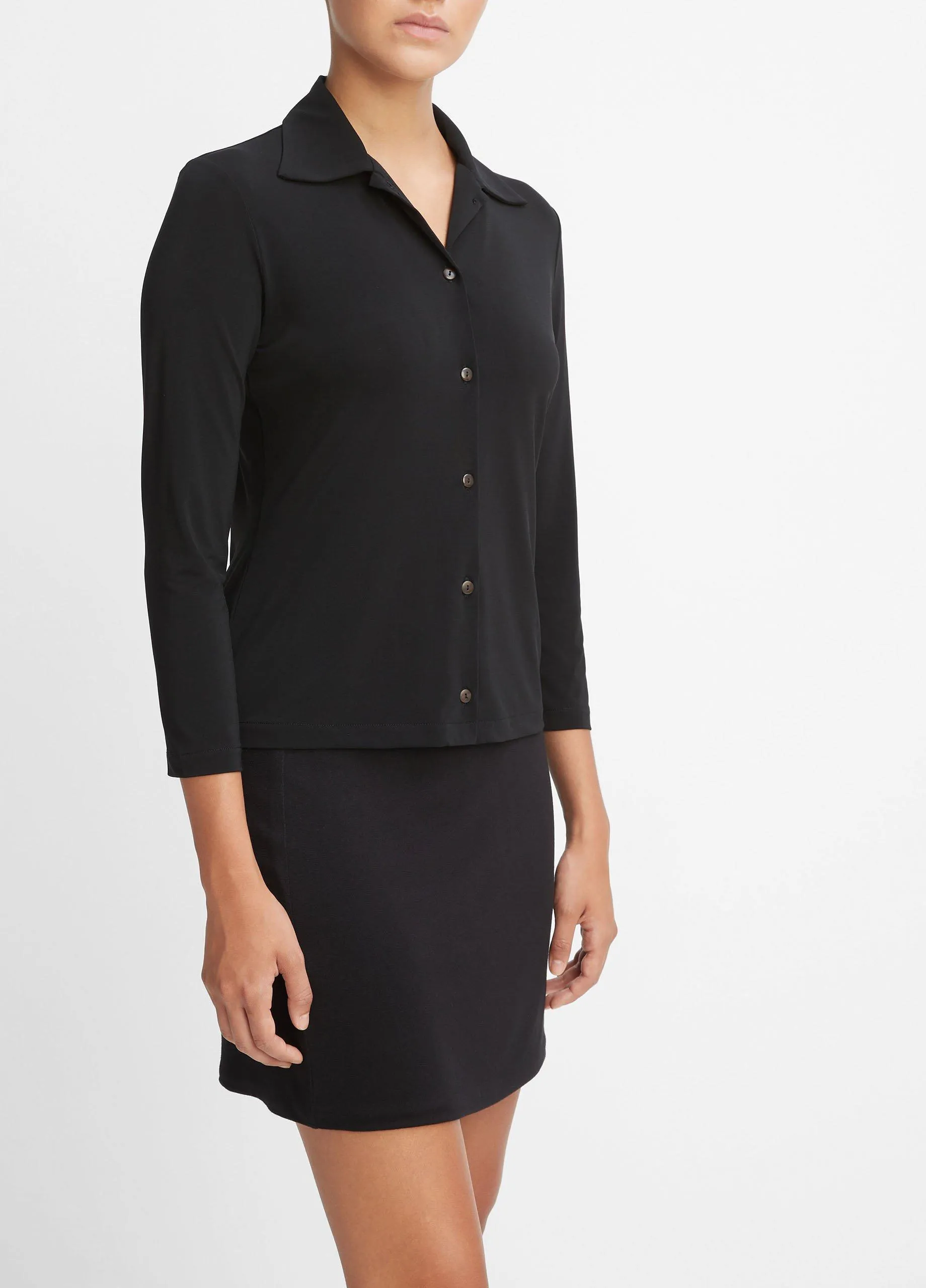 Three-Quarter-Sleeve Button-Front Polo Top