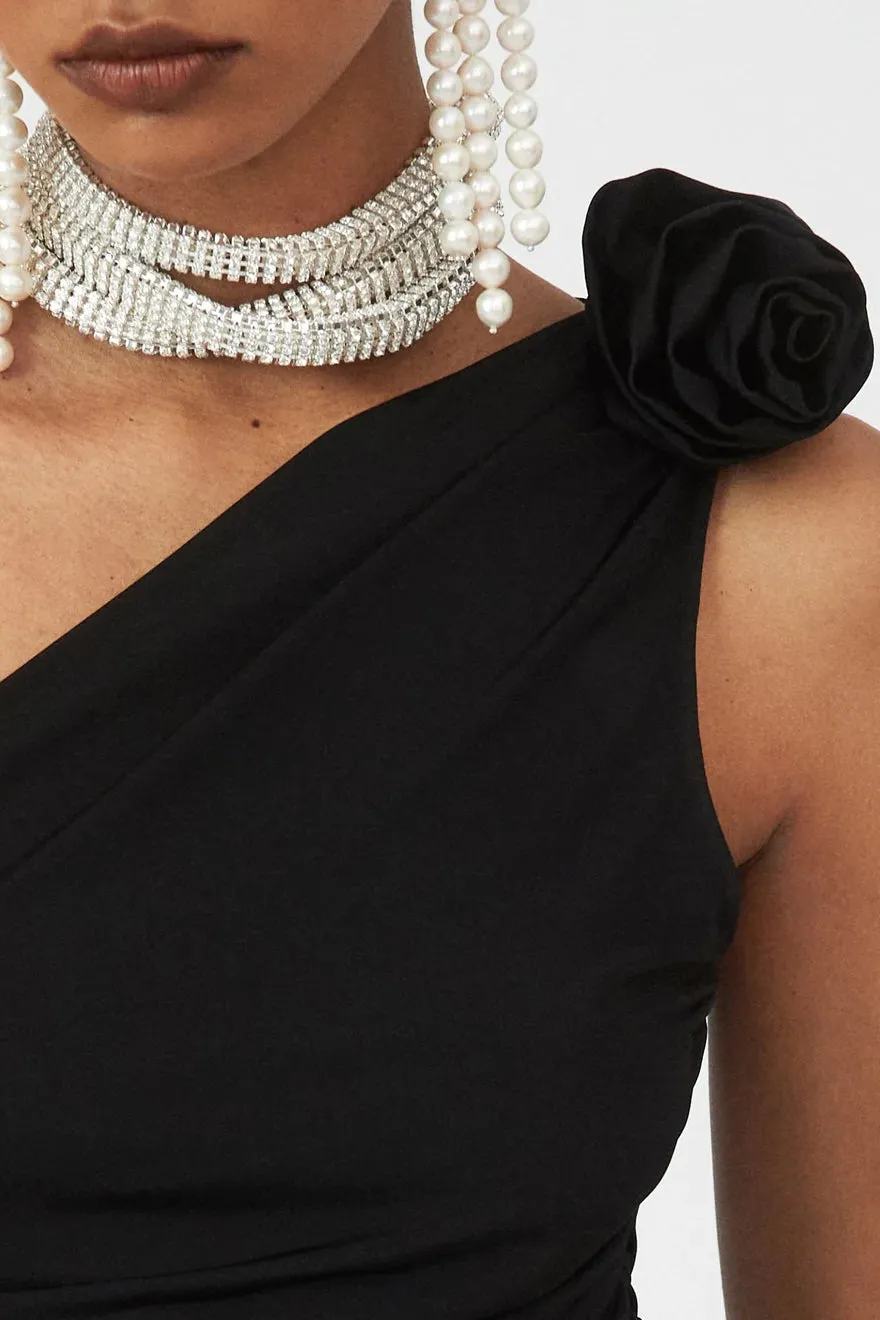 Top One Shoulder Flower in Schwarz