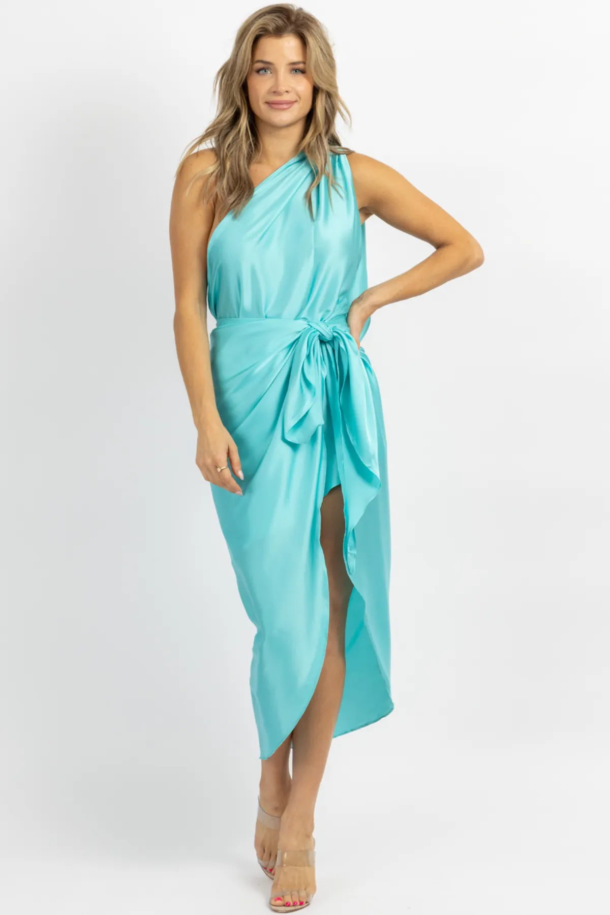 TURQUOISE SATIN ONE SHOULDER WRAP DRESS *BACK IN STOCK*