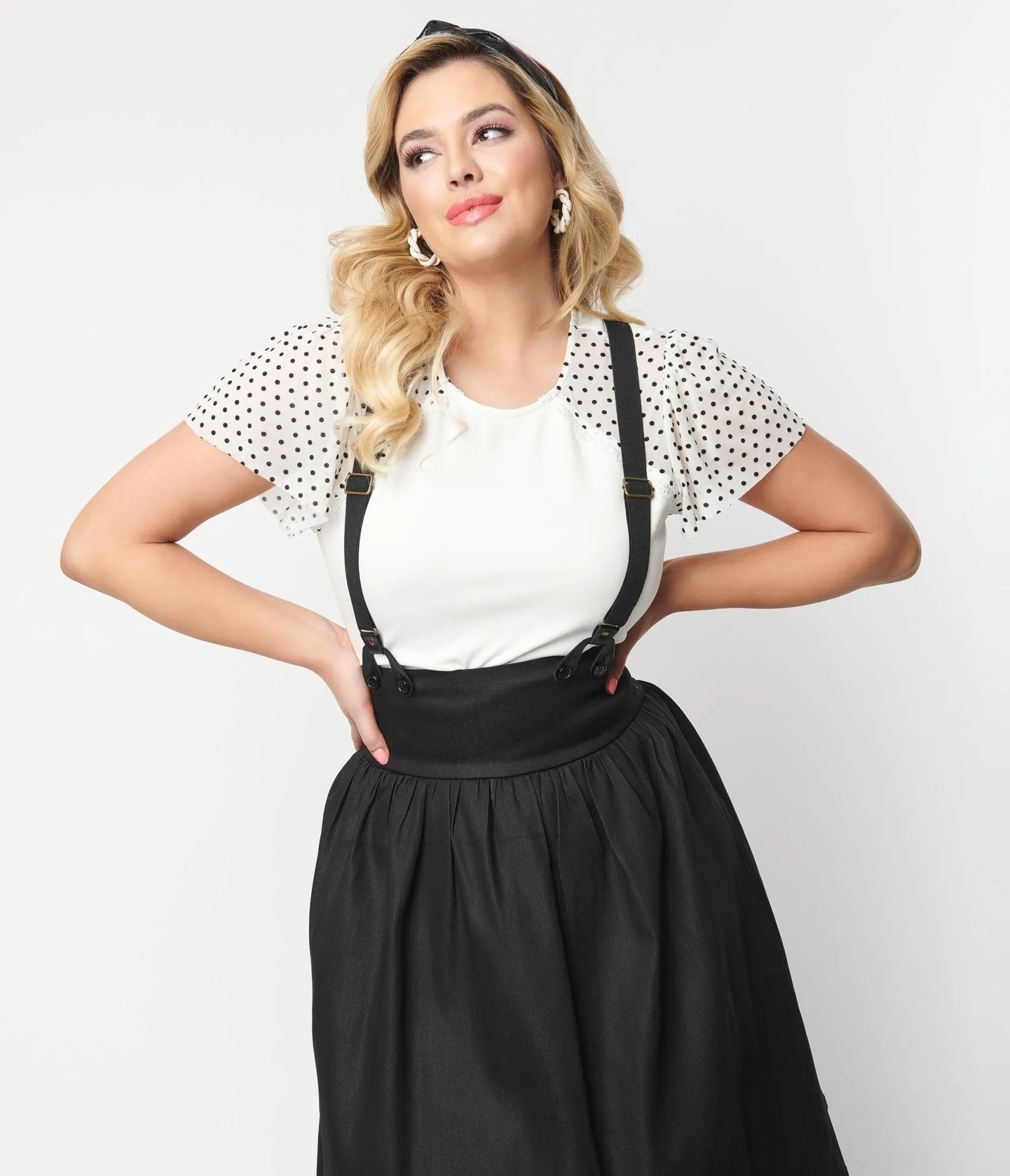 Vintage White Black Polka Dot Mesh Sleeve Top