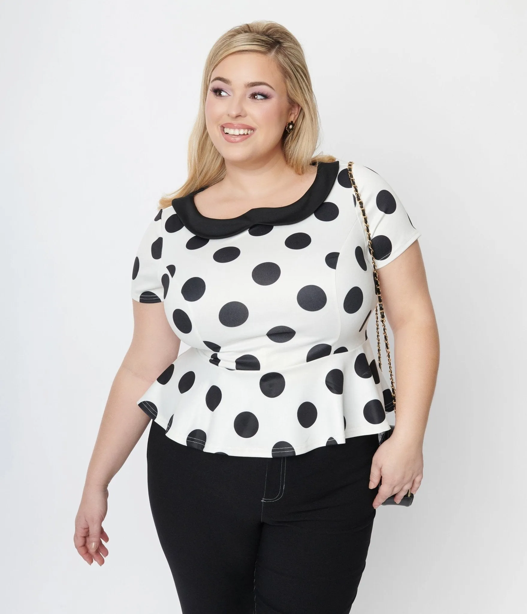 Unique Vintage White & Black Polka Dot Peplum Top