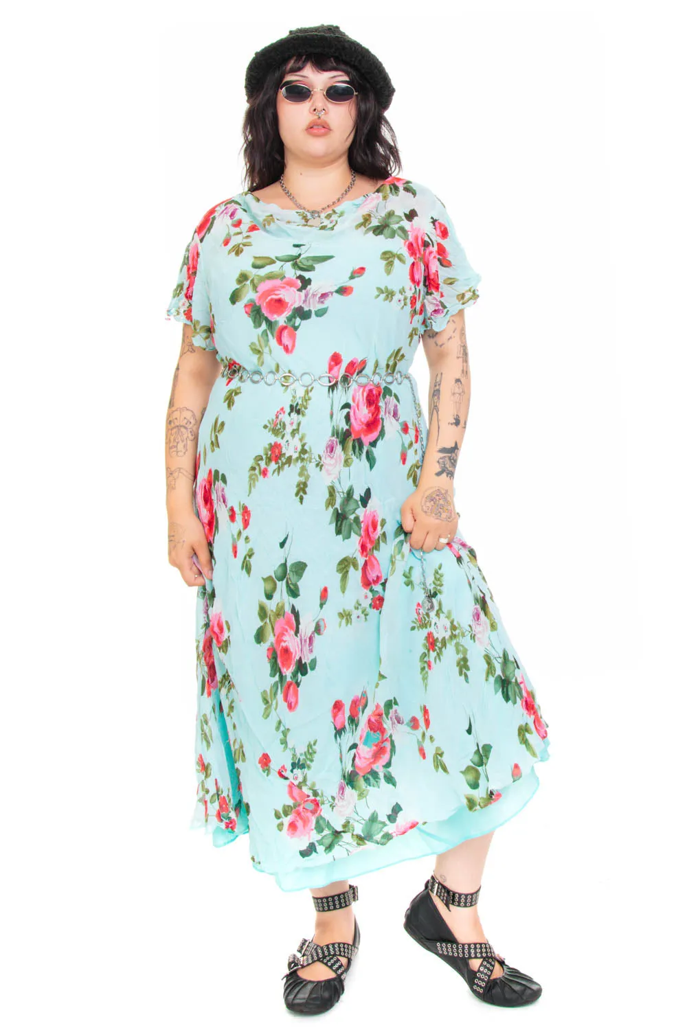 Vintage 90's Delicate Blue Floral Maxi Dress - XL/2X/3X