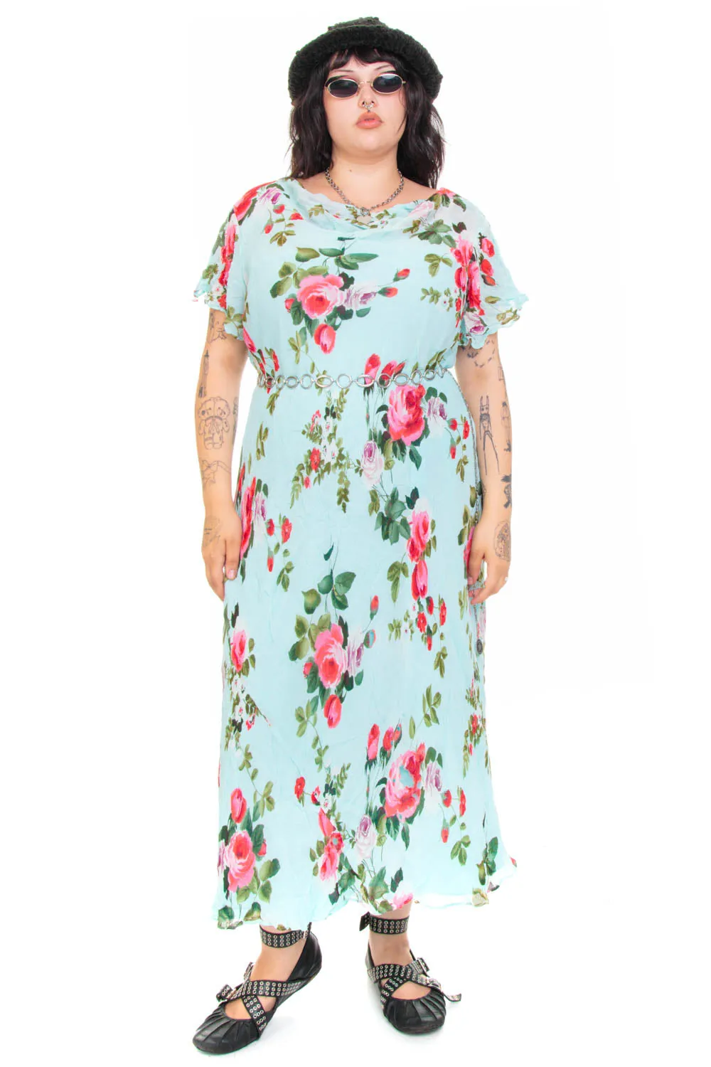 Vintage 90's Delicate Blue Floral Maxi Dress - XL/2X/3X