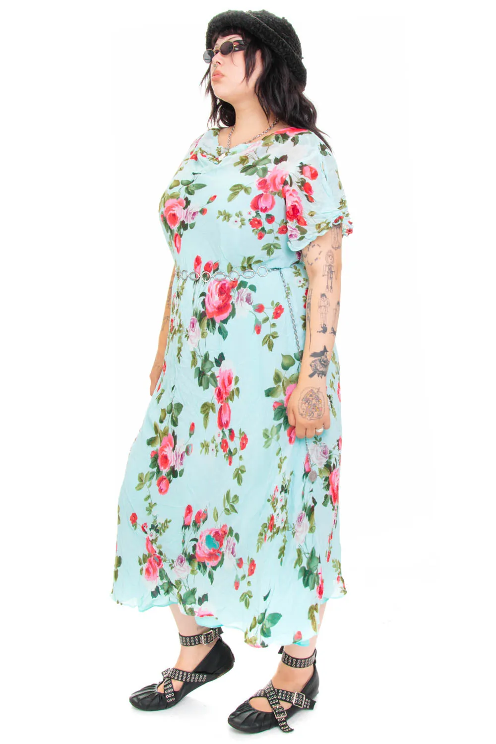 Vintage 90's Delicate Blue Floral Maxi Dress - XL/2X/3X