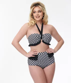 Vintage Black White Gingham Ruffle Bikini Bottom